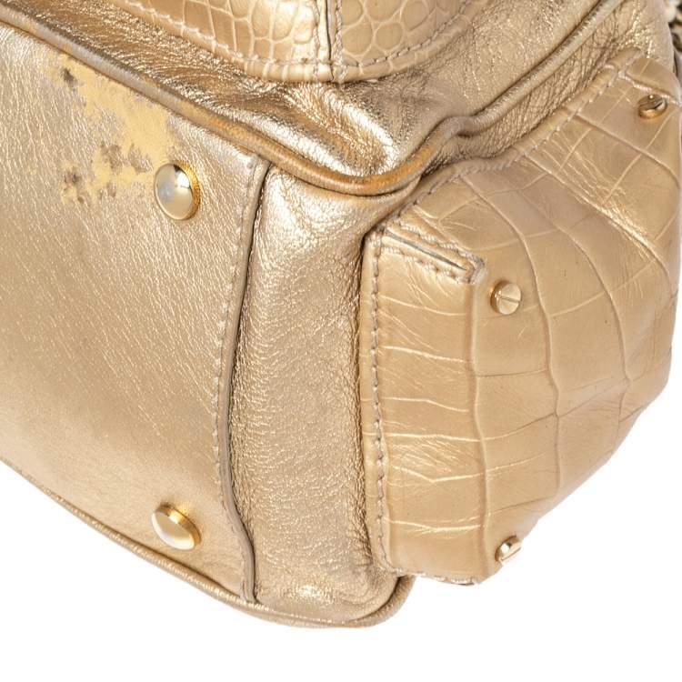 Pre Owned Versace Gold Croc Embossed Leather and Leather Chain Link Satchel