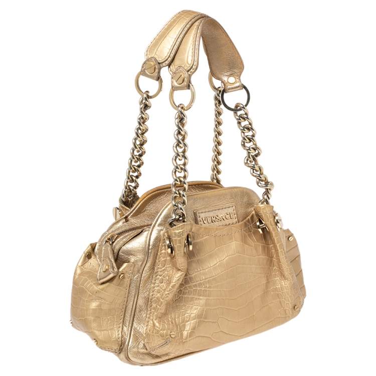 Pre Owned Versace Gold Croc Embossed Leather and Leather Chain Link Satchel
