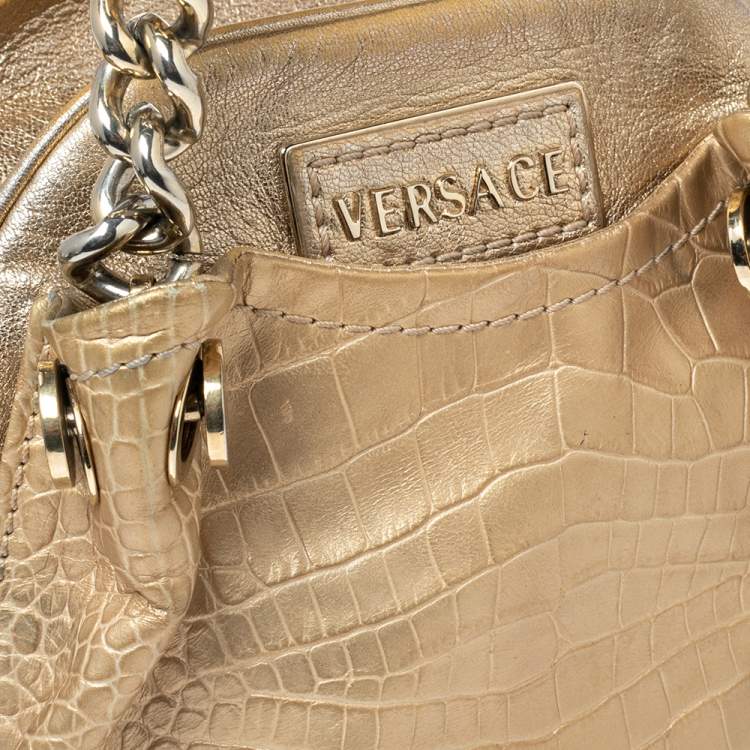 Pre Owned Versace Gold Croc Embossed Leather and Leather Chain Link Satchel