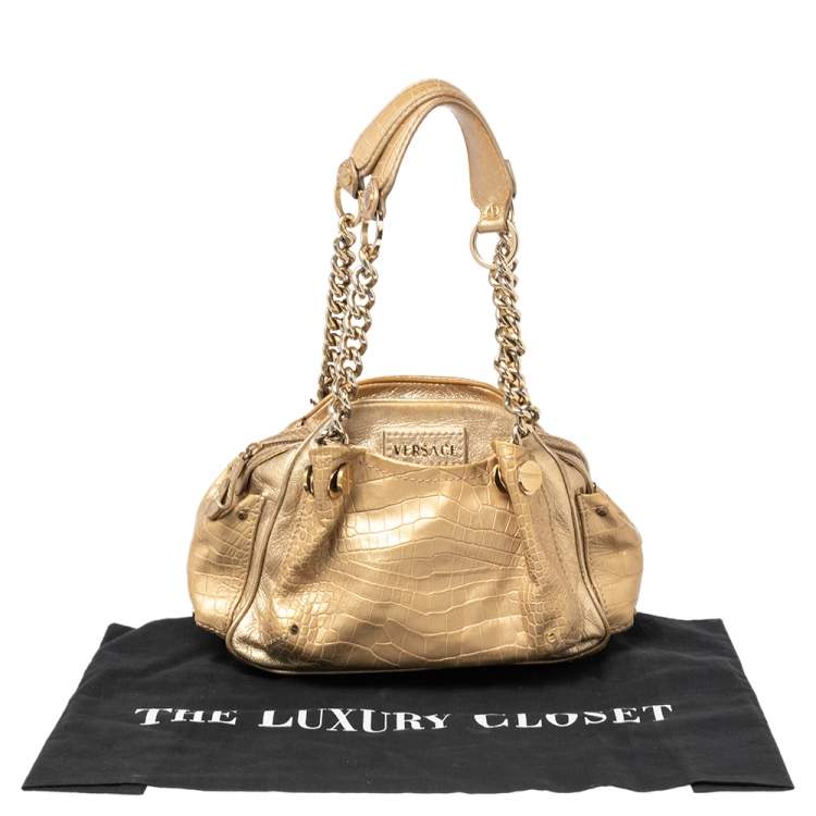 Pre Owned Versace Gold Croc Embossed Leather and Leather Chain Link Satchel