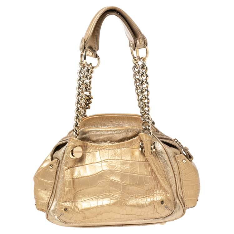 Pre Owned Versace Gold Croc Embossed Leather and Leather Chain Link Satchel