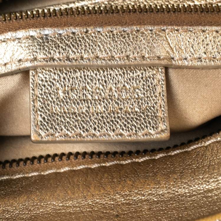 Pre Owned Versace Gold Croc Embossed Leather and Leather Chain Link Satchel