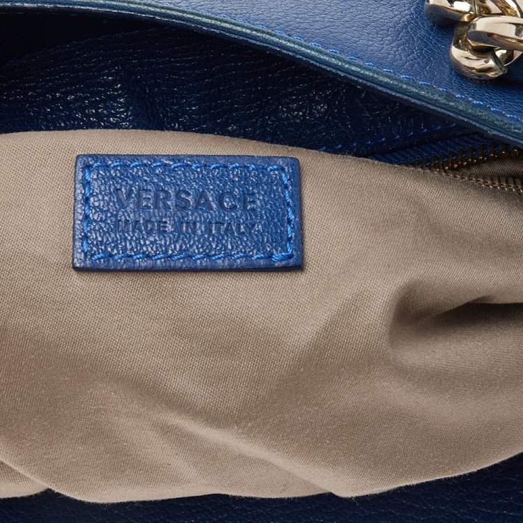 Pre Owned Versace Blue Perforated Logo Leather Chain Tote