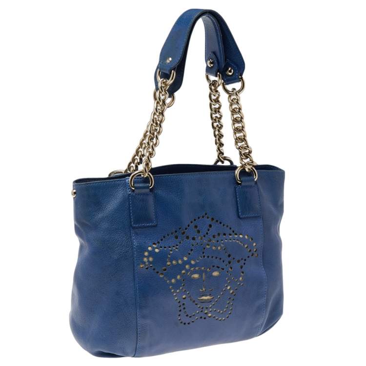 Pre Owned Versace Blue Perforated Logo Leather Chain Tote