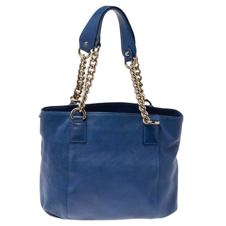 Pre Owned Versace Blue Perforated Logo Leather Chain Tote