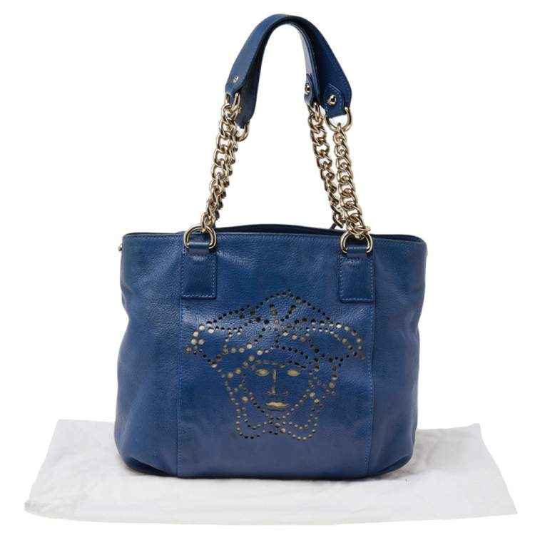Pre Owned Versace Blue Perforated Logo Leather Chain Tote