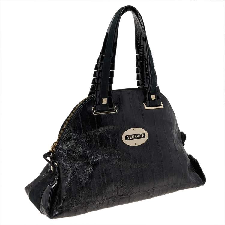 Pre Owned Versace Black Leather Zip Satchel