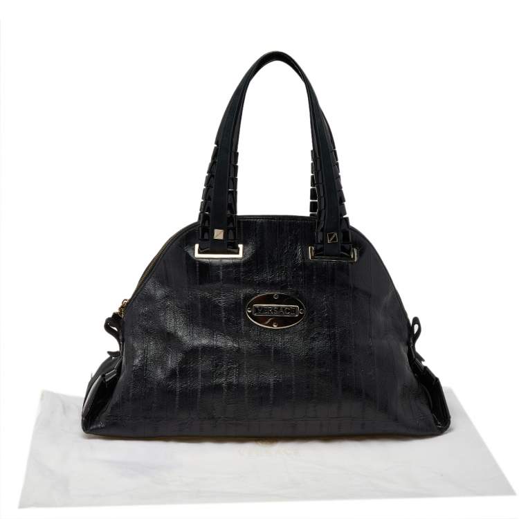 Pre Owned Versace Black Leather Zip Satchel