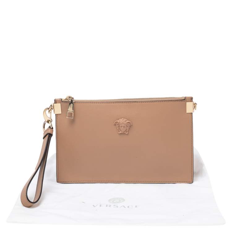 Pre Owned Versace Beige Leather Medusa Wristlet Clutch