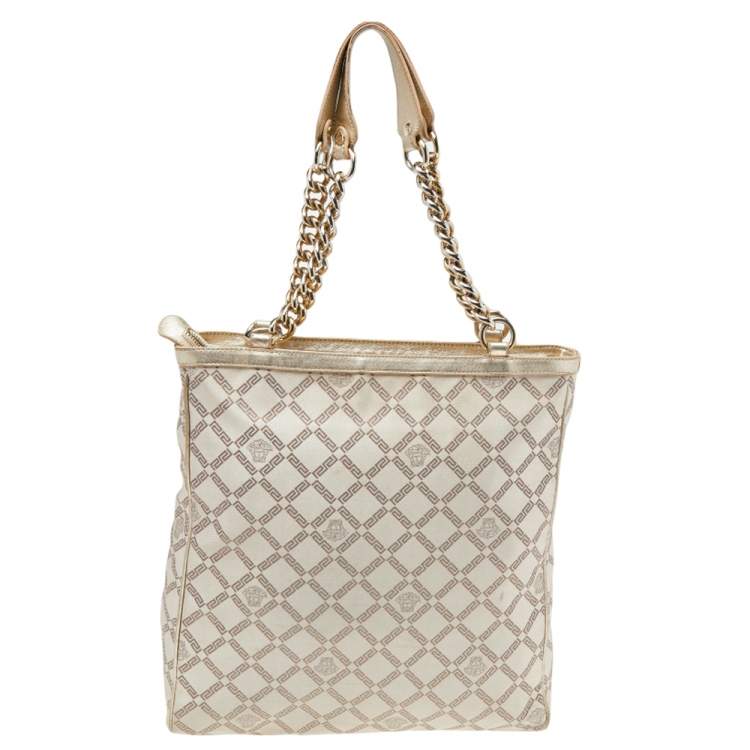 Pre Owned Versace Beige Leather And Canvas Shoulder Bag