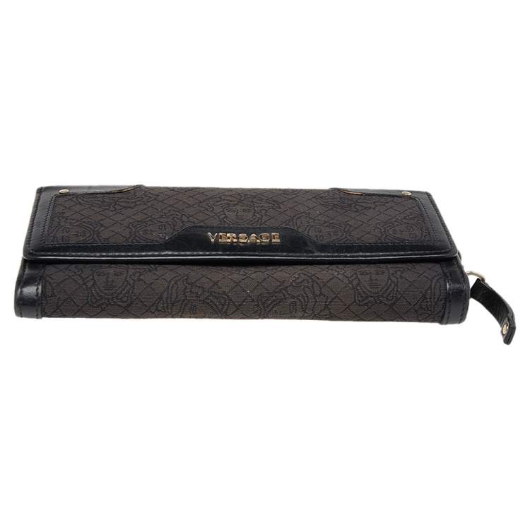Pre Owned Versace Black Monogram Canvas and Leather Wallet on Chain