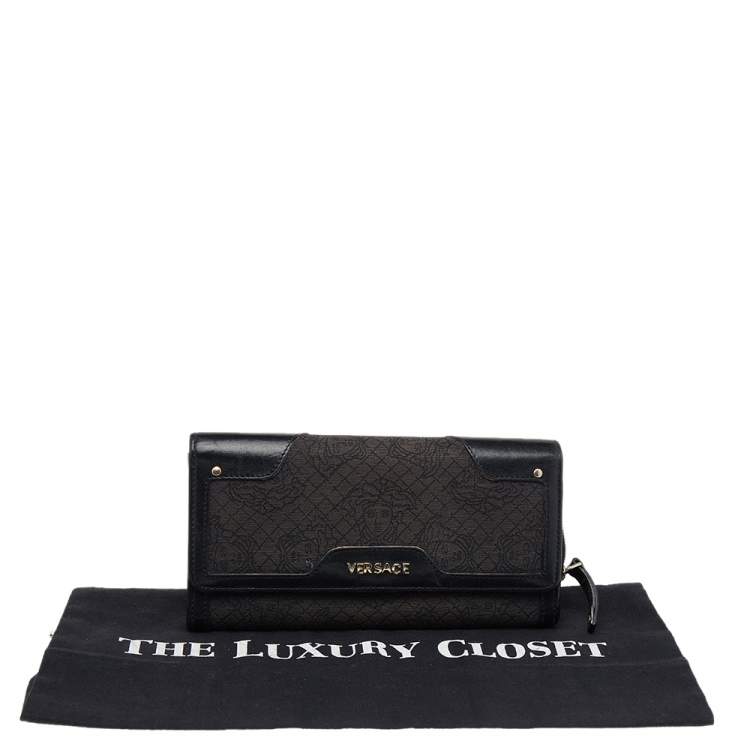 Pre Owned Versace Black Monogram Canvas and Leather Wallet on Chain