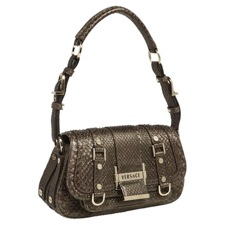 Pre Owned Versace Brown Python Small Flap Shoulder Bag
