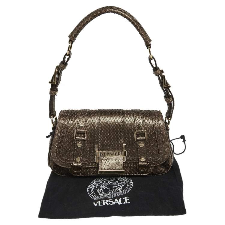 Pre Owned Versace Brown Python Small Flap Shoulder Bag