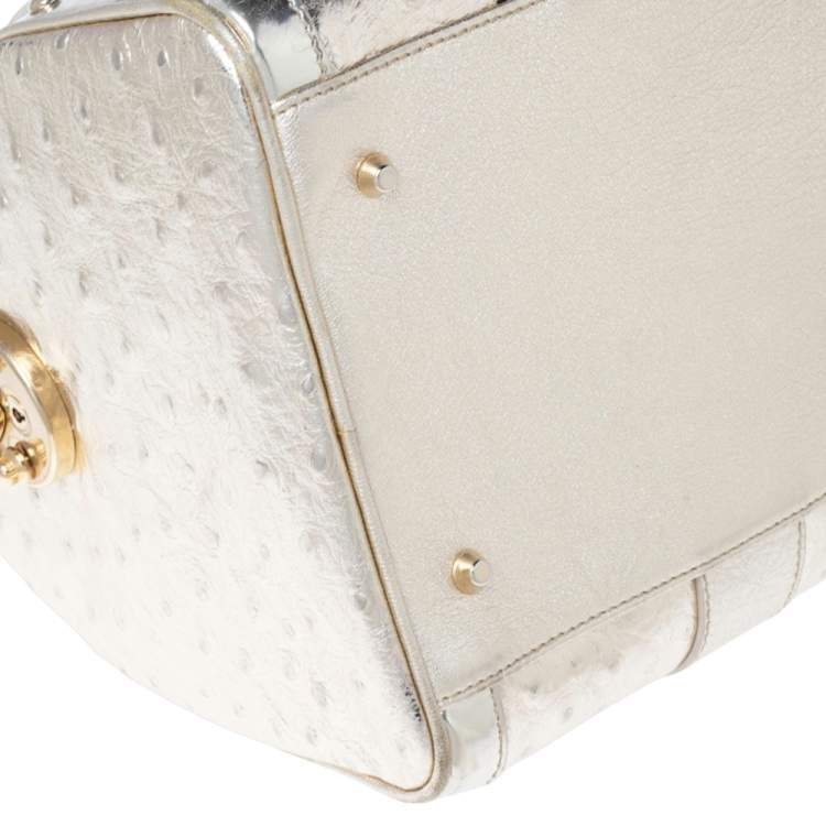 مملوكة مسبقًا Versace Metallic Gold Ostrich Embossed Leather Snap Out Of It Satchel