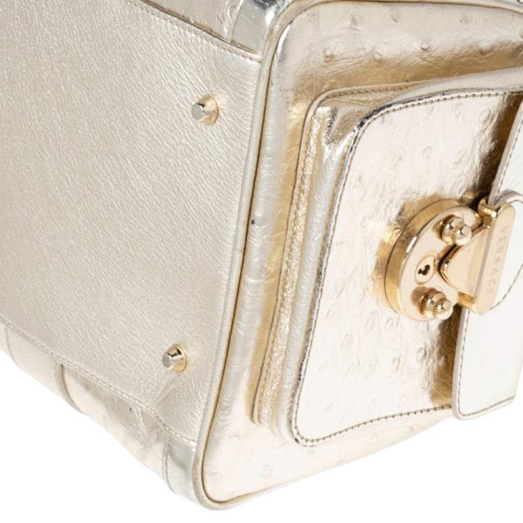 مملوكة مسبقًا Versace Metallic Gold Ostrich Embossed Leather Snap Out Of It Satchel