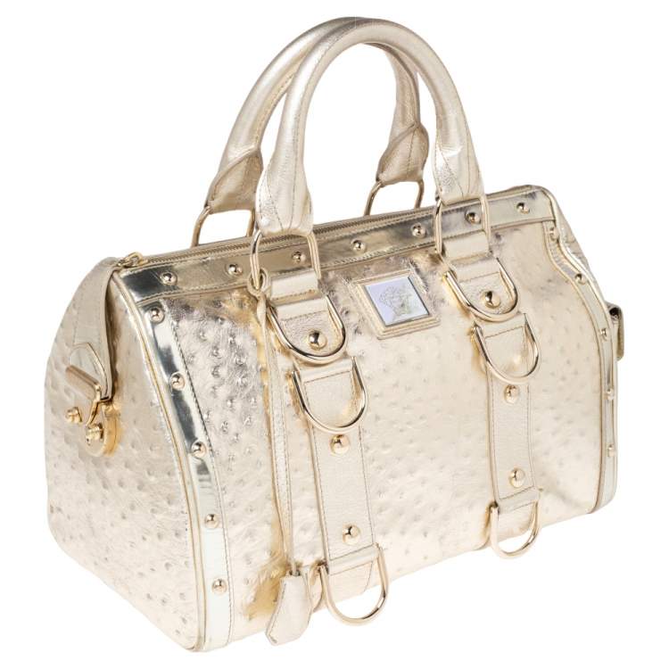 مملوكة مسبقًا Versace Metallic Gold Ostrich Embossed Leather Snap Out Of It Satchel