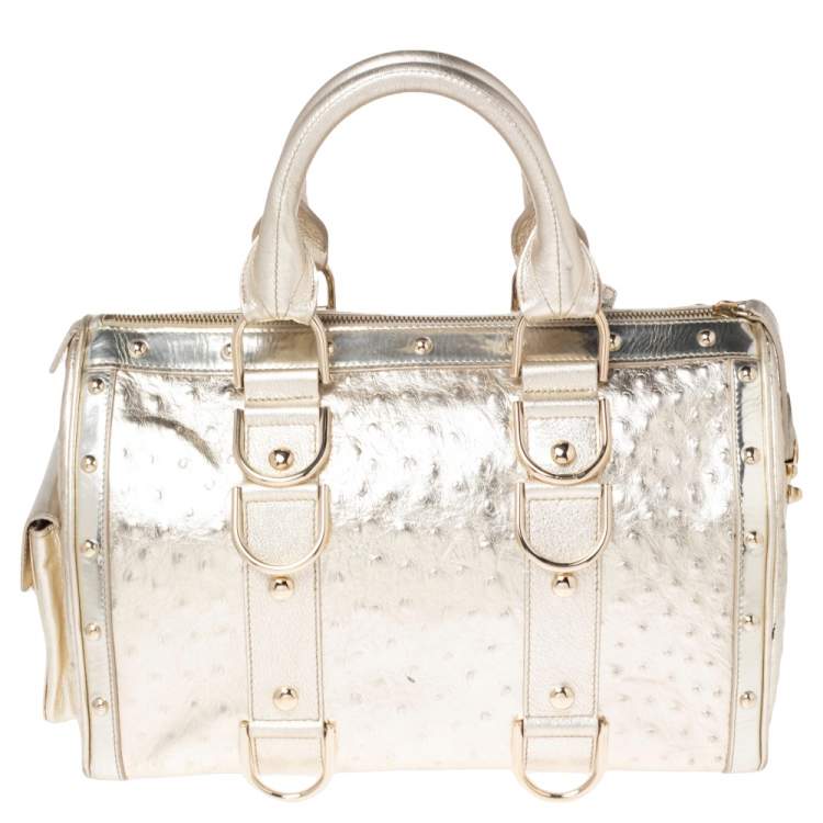 مملوكة مسبقًا Versace Metallic Gold Ostrich Embossed Leather Snap Out Of It Satchel