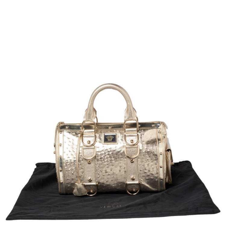 مملوكة مسبقًا Versace Metallic Gold Ostrich Embossed Leather Snap Out Of It Satchel