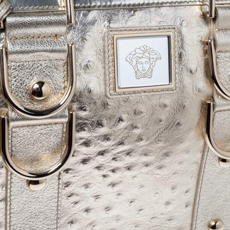 مملوكة مسبقًا Versace Metallic Gold Ostrich Embossed Leather Snap Out Of It Satchel