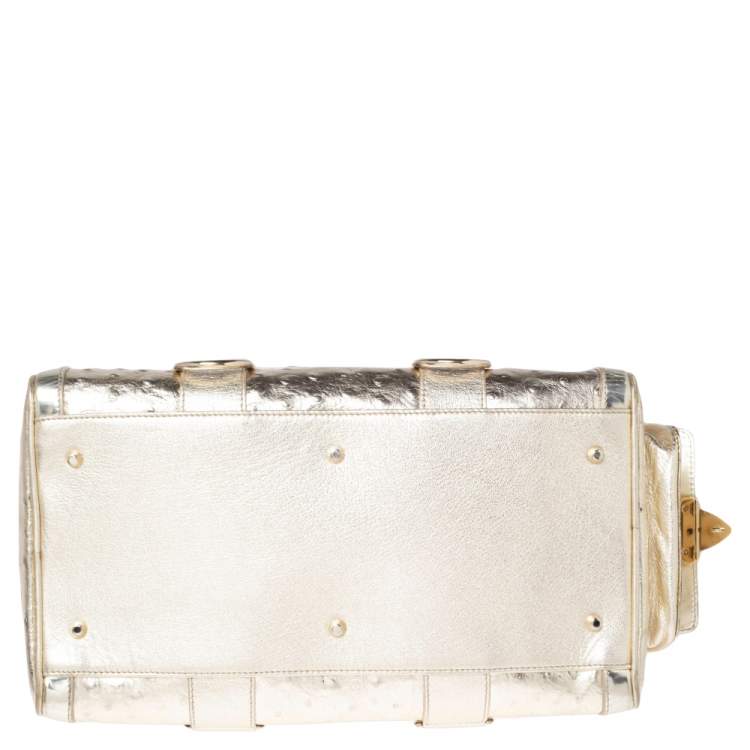 مملوكة مسبقًا Versace Metallic Gold Ostrich Embossed Leather Snap Out Of It Satchel