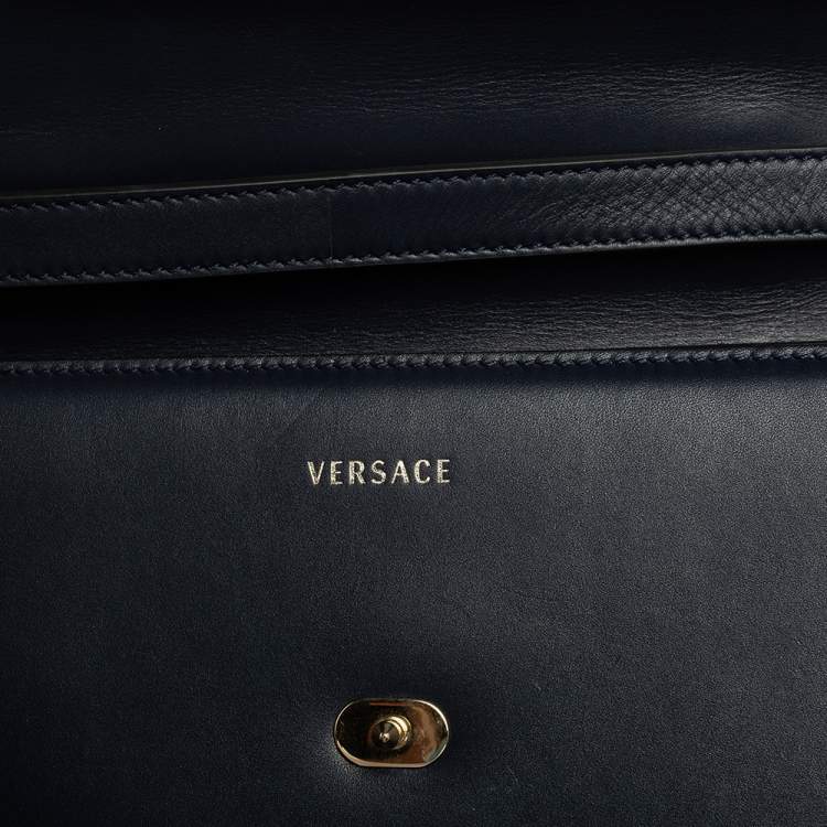 Pre Owned Versace Navy Blue/Orange Leather And Suede DV One Top Handle Bag