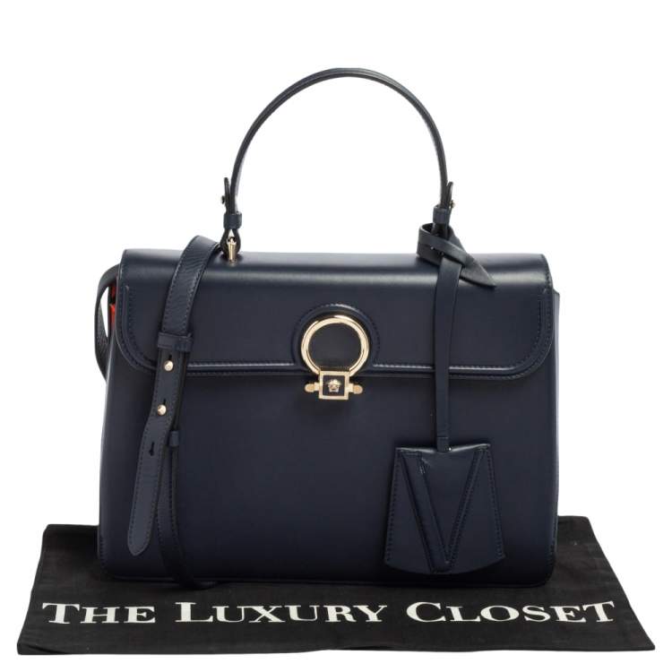 Pre Owned Versace Navy Blue/Orange Leather And Suede DV One Top Handle Bag