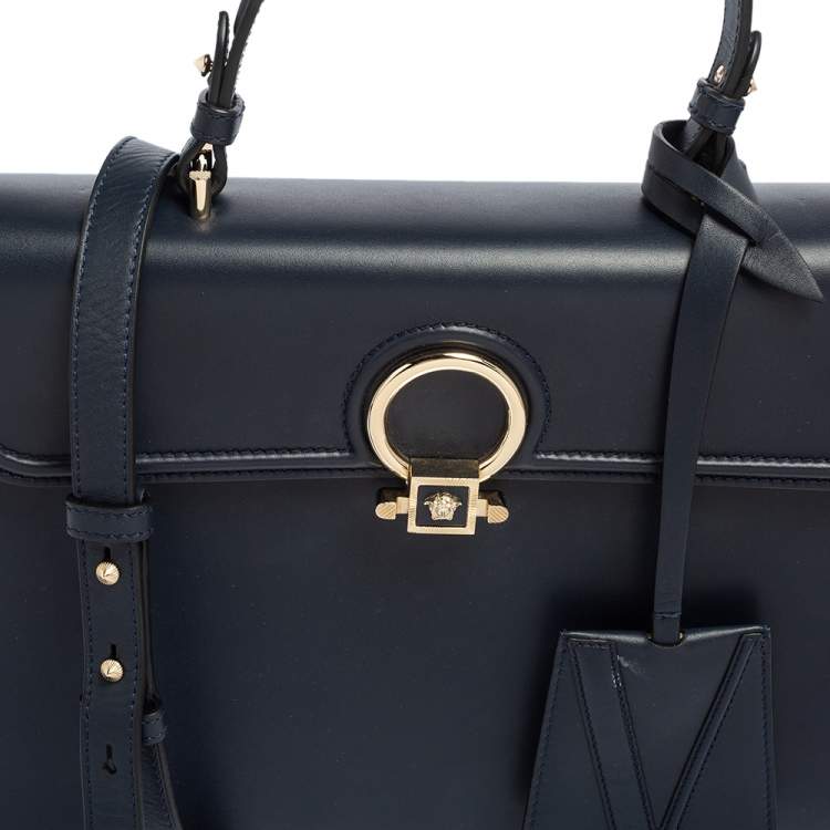 Pre Owned Versace Navy Blue/Orange Leather And Suede DV One Top Handle Bag