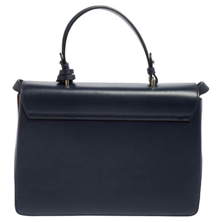 Pre Owned Versace Navy Blue/Orange Leather And Suede DV One Top Handle Bag
