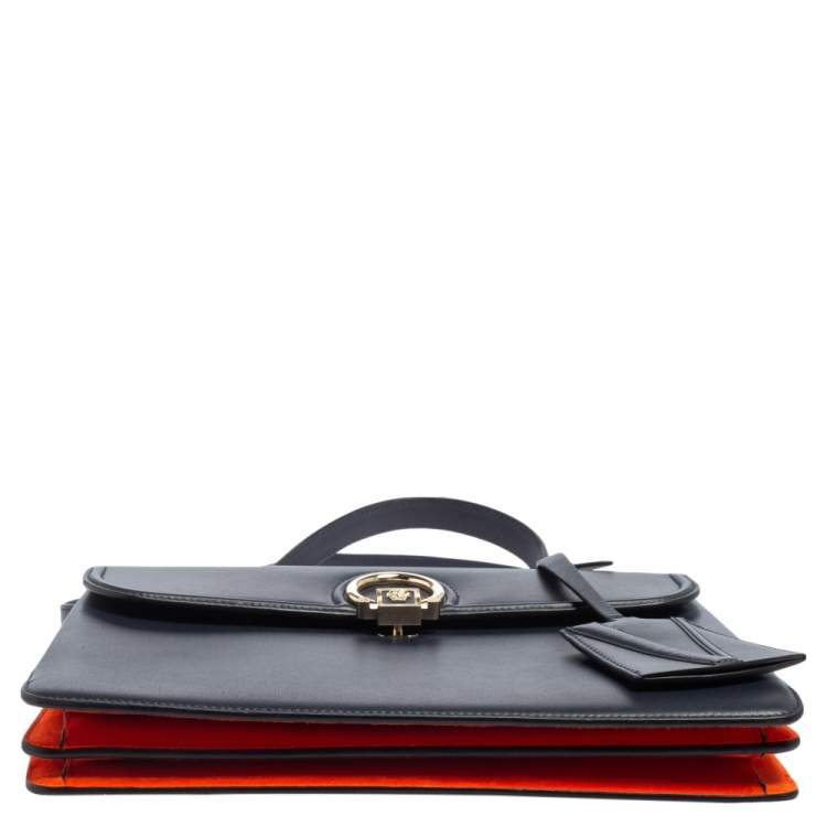 Pre Owned Versace Navy Blue/Orange Leather And Suede DV One Top Handle Bag