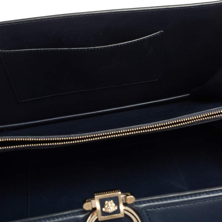 Pre Owned Versace Navy Blue/Orange Leather And Suede DV One Top Handle Bag