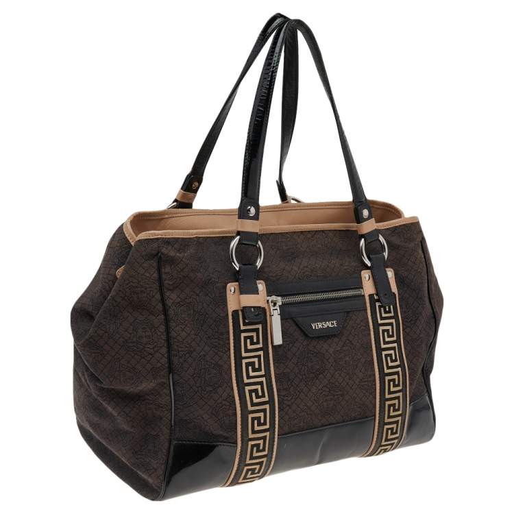 Pre Owned Versace Black Canvas And Patent Leather Tote