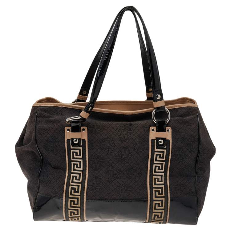 Pre Owned Versace Black Canvas And Patent Leather Tote