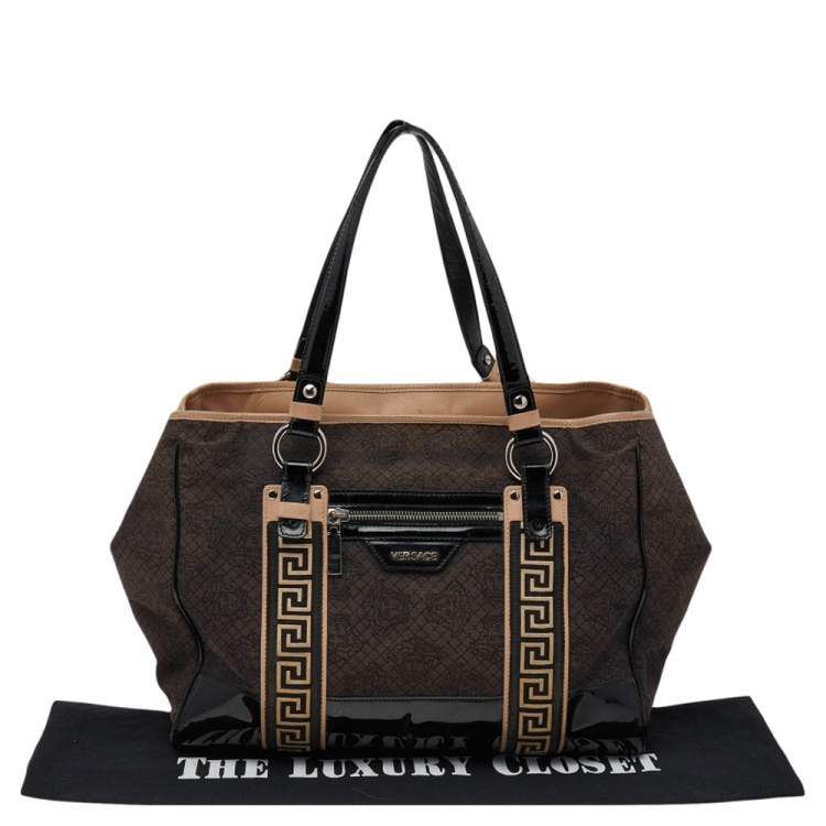 Pre Owned Versace Black Canvas And Patent Leather Tote