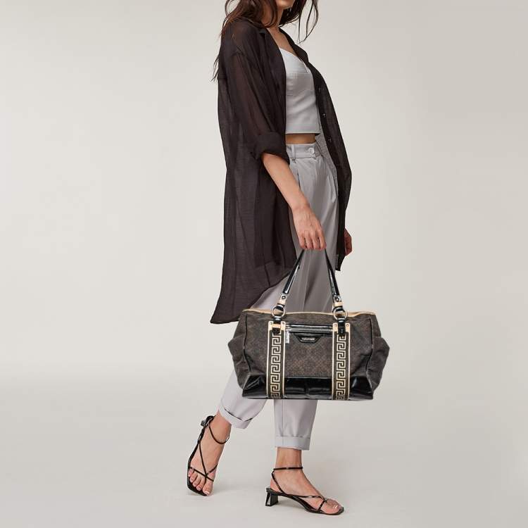 Pre Owned Versace Black Canvas And Patent Leather Tote