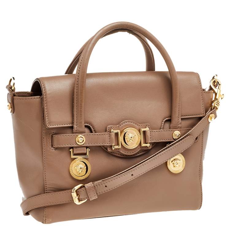 Pre Owned Versace Dark Beige Leather Small Medusa Medallion Tote