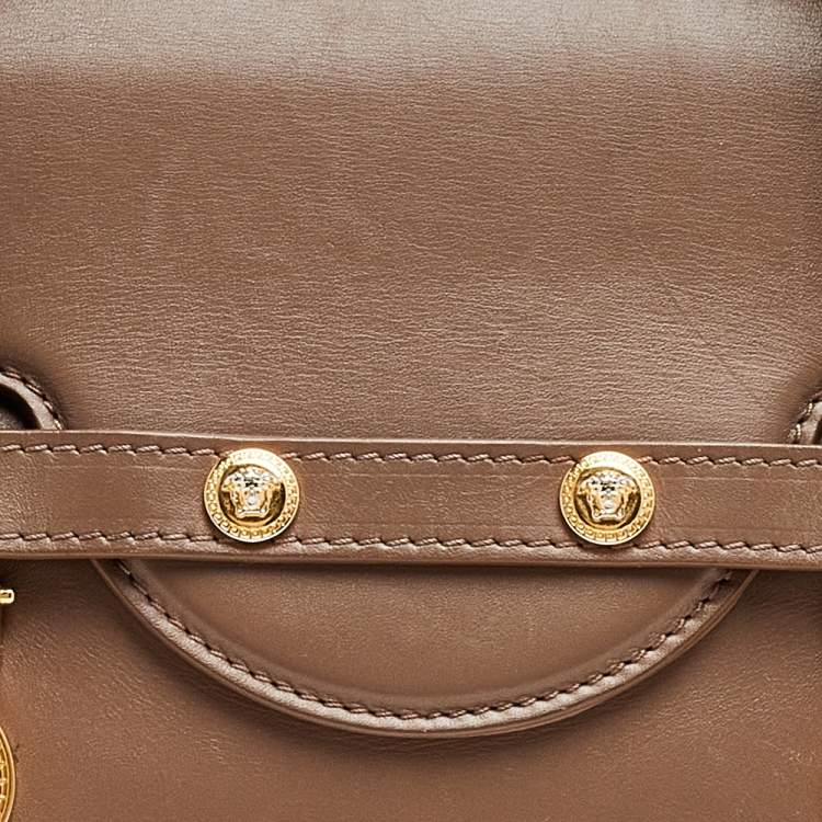 Pre Owned Versace Dark Beige Leather Small Medusa Medallion Tote