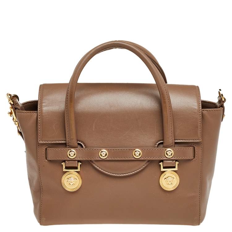 Pre Owned Versace Dark Beige Leather Small Medusa Medallion Tote