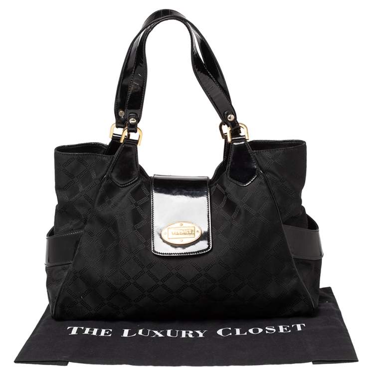 Pre Owned Versace Black Monogram Nylon and Patent Leather  Logo Plague Flap Tote