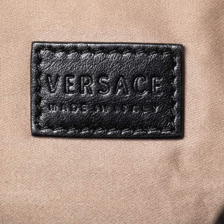 Pre Owned Versace Black Monogram Nylon and Patent Leather  Logo Plague Flap Tote