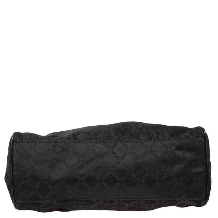 Pre Owned Versace Black Monogram Nylon and Patent Leather  Logo Plague Flap Tote