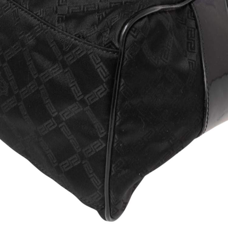 Pre Owned Versace Black Monogram Nylon and Patent Leather  Logo Plague Flap Tote