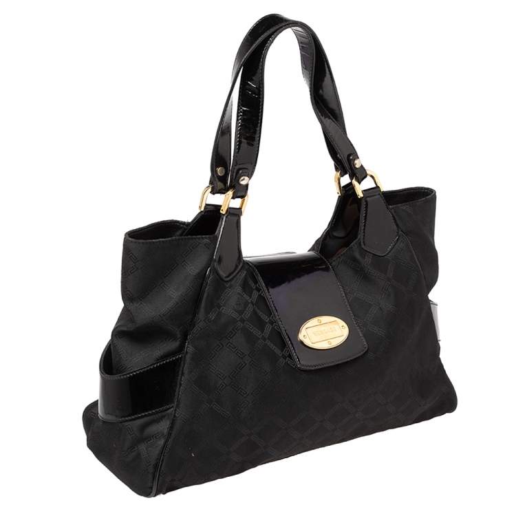 Pre Owned Versace Black Monogram Nylon and Patent Leather  Logo Plague Flap Tote