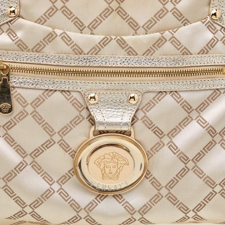 Pre Owned Versace Metallic Gold Signature Canvas And Leather Shoulder Bag