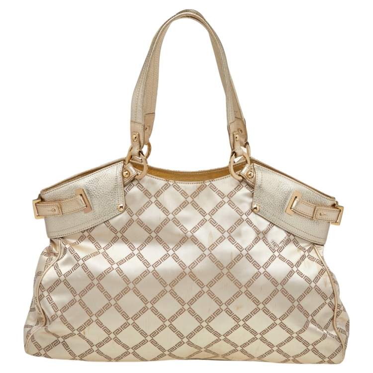 Pre Owned Versace Metallic Gold Signature Canvas And Leather Shoulder Bag
