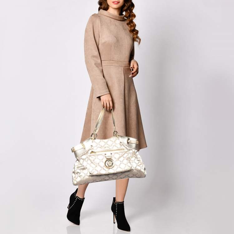 Pre Owned Versace Metallic Gold Signature Canvas And Leather Shoulder Bag