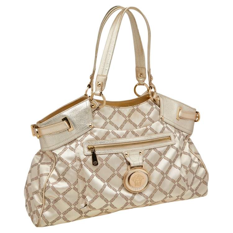 Pre Owned Versace Metallic Gold Signature Canvas And Leather Shoulder Bag