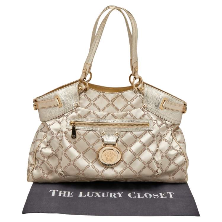 Pre Owned Versace Metallic Gold Signature Canvas And Leather Shoulder Bag