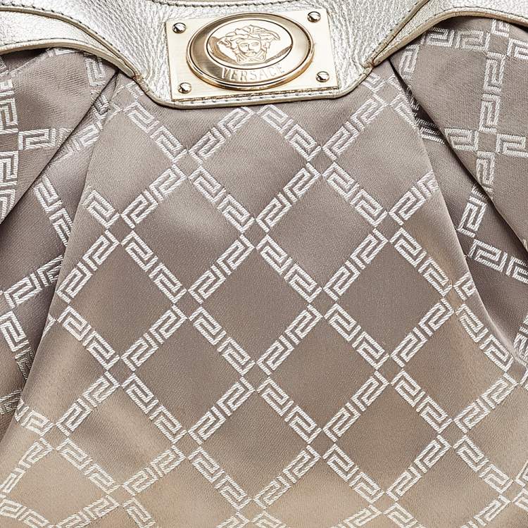 Pre Owned Versace Gold Monogram Fabric And Leather Logo Plate Hobo