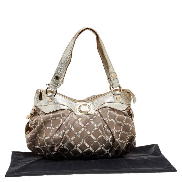 Pre Owned Versace Gold Monogram Fabric And Leather Logo Plate Hobo